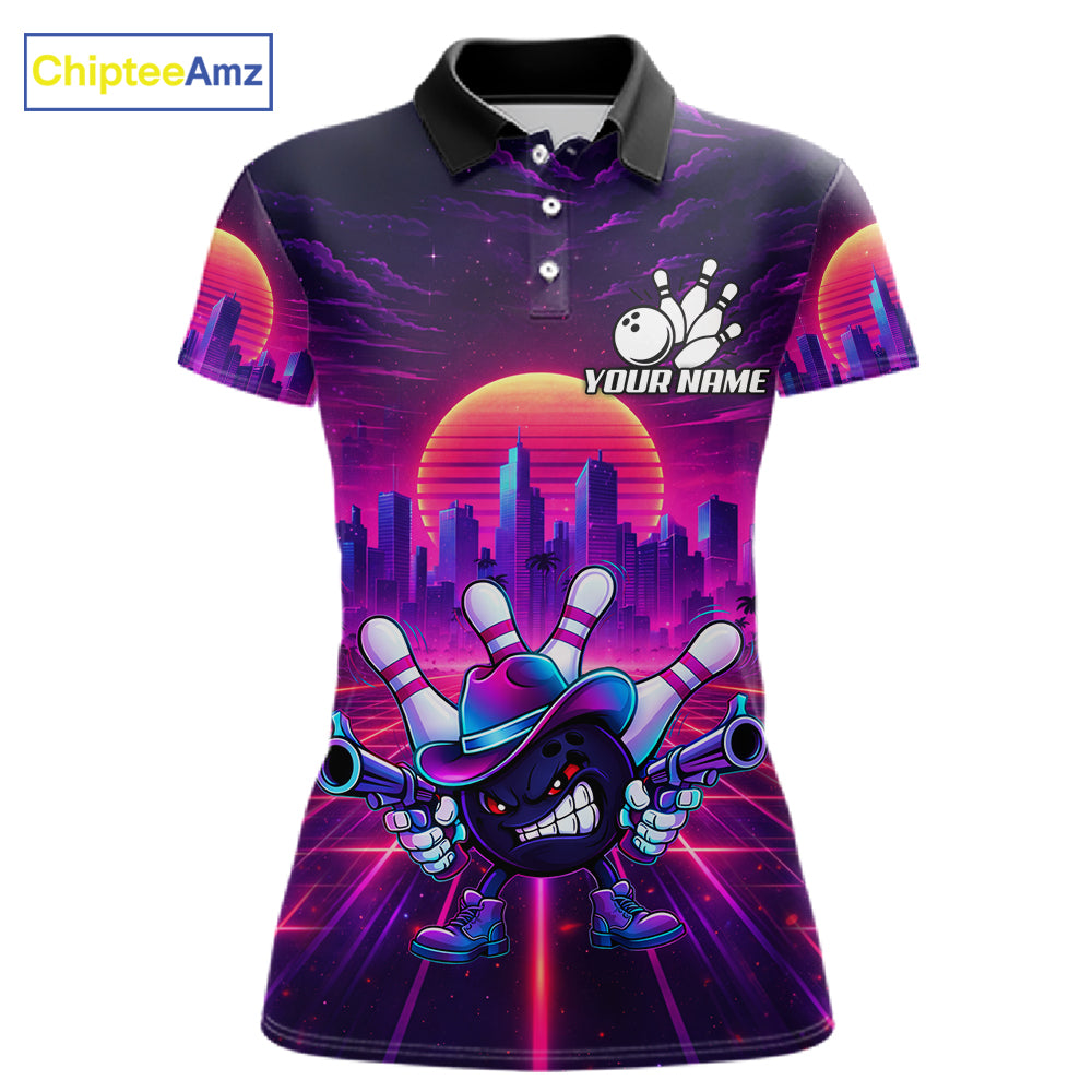 Custom Retro Funny Neon Bowling Shirt For Women, Pink And Purple Bowling Team Jersey Polo & 1/4 Zip TDM6220
