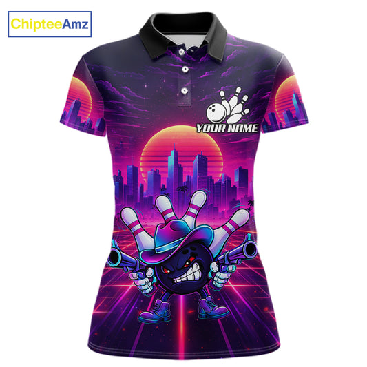 Custom Retro Funny Neon Bowling Shirt For Women, Pink And Purple Bowling Team Jersey Polo & 1/4 Zip TDM6220
