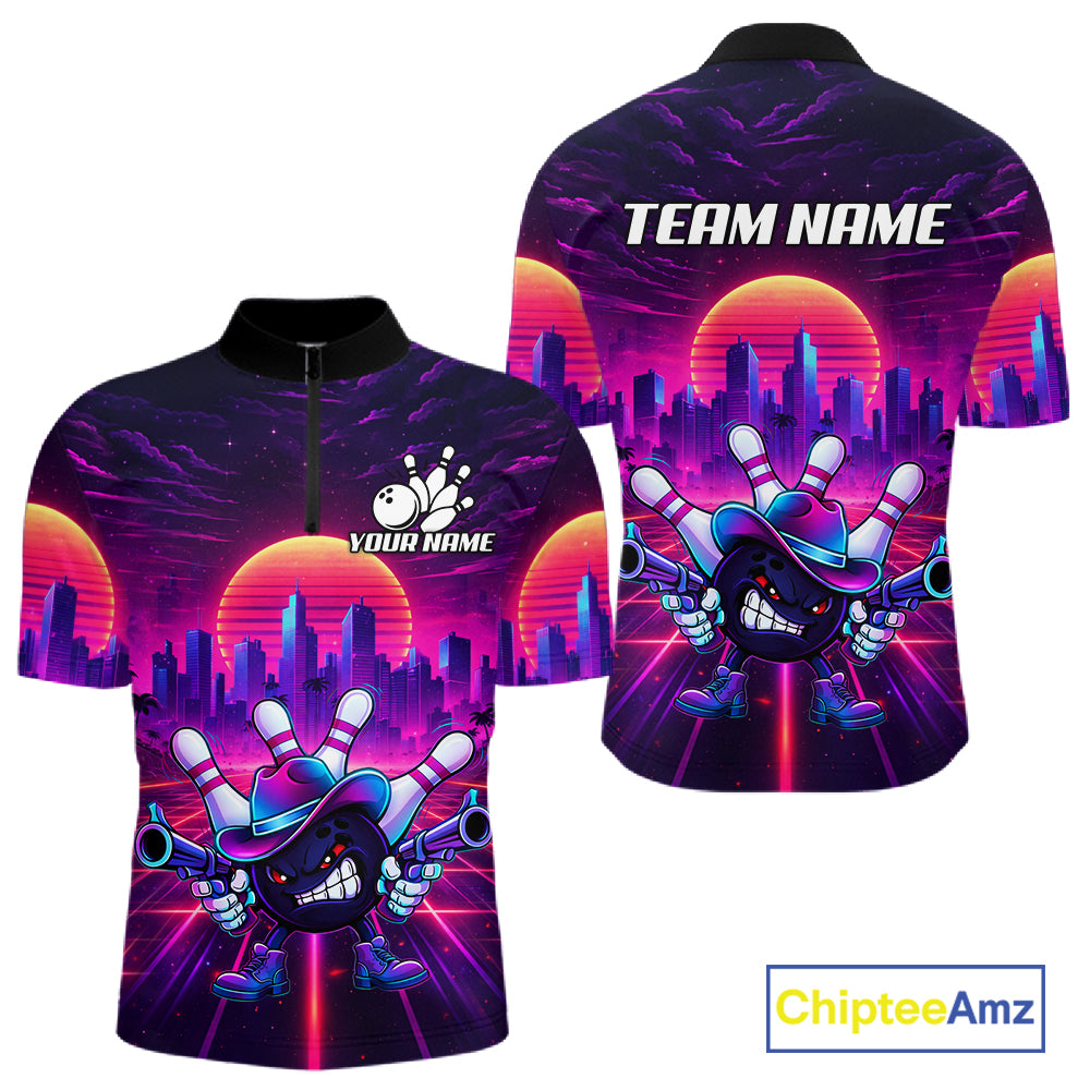 Custom Retro Funny Neon Bowling Shirt For Men, Pink And Purple Bowling Team Jersey Polo & 1/4 Zip TDM6220