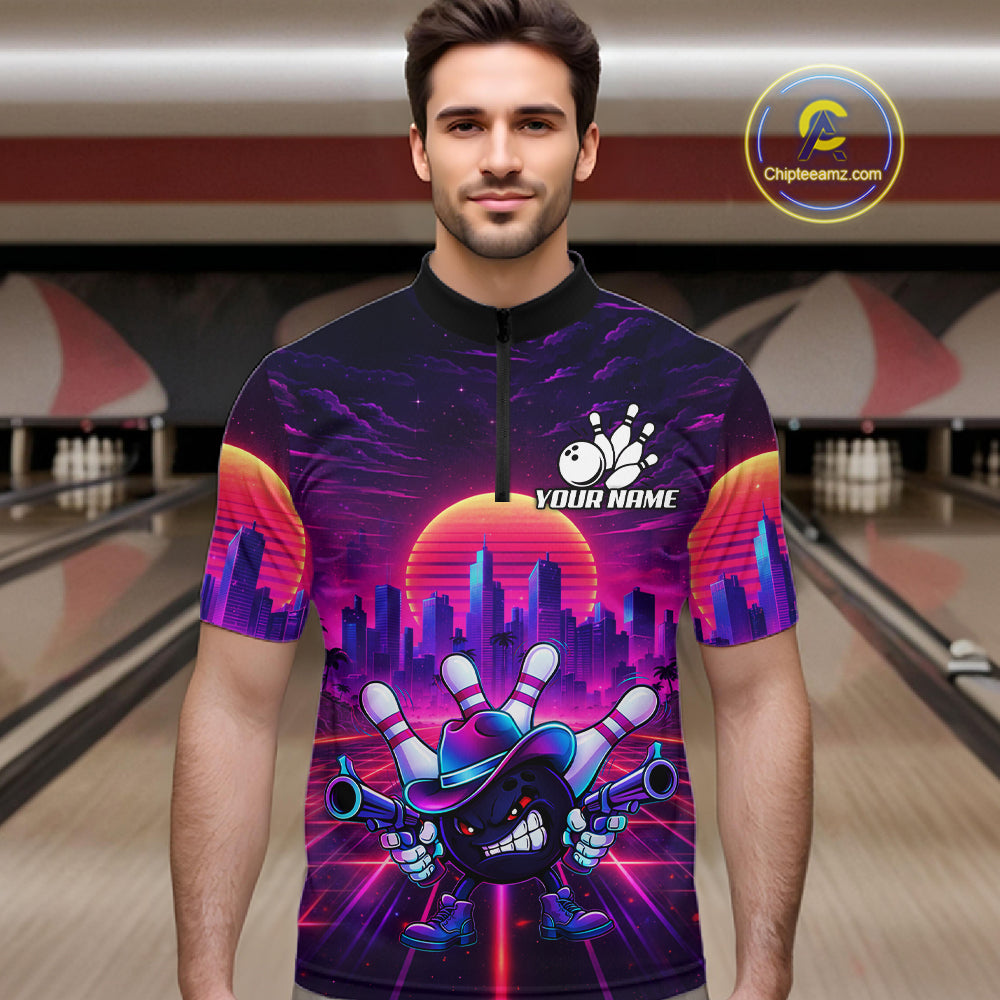 Custom Retro Funny Neon Bowling Shirt For Men, Pink And Purple Bowling Team Jersey Polo & 1/4 Zip TDM6220