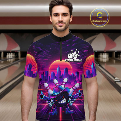 Custom Retro Funny Neon Bowling Shirt For Men, Pink And Purple Bowling Team Jersey Polo & 1/4 Zip TDM6220