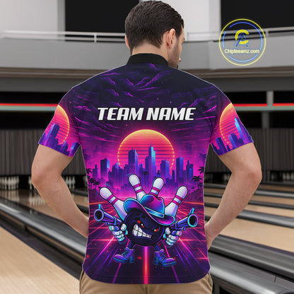 Custom Retro Funny Neon Bowling Shirt For Men, Pink And Purple Bowling Team Jersey Polo & 1/4 Zip TDM6220
