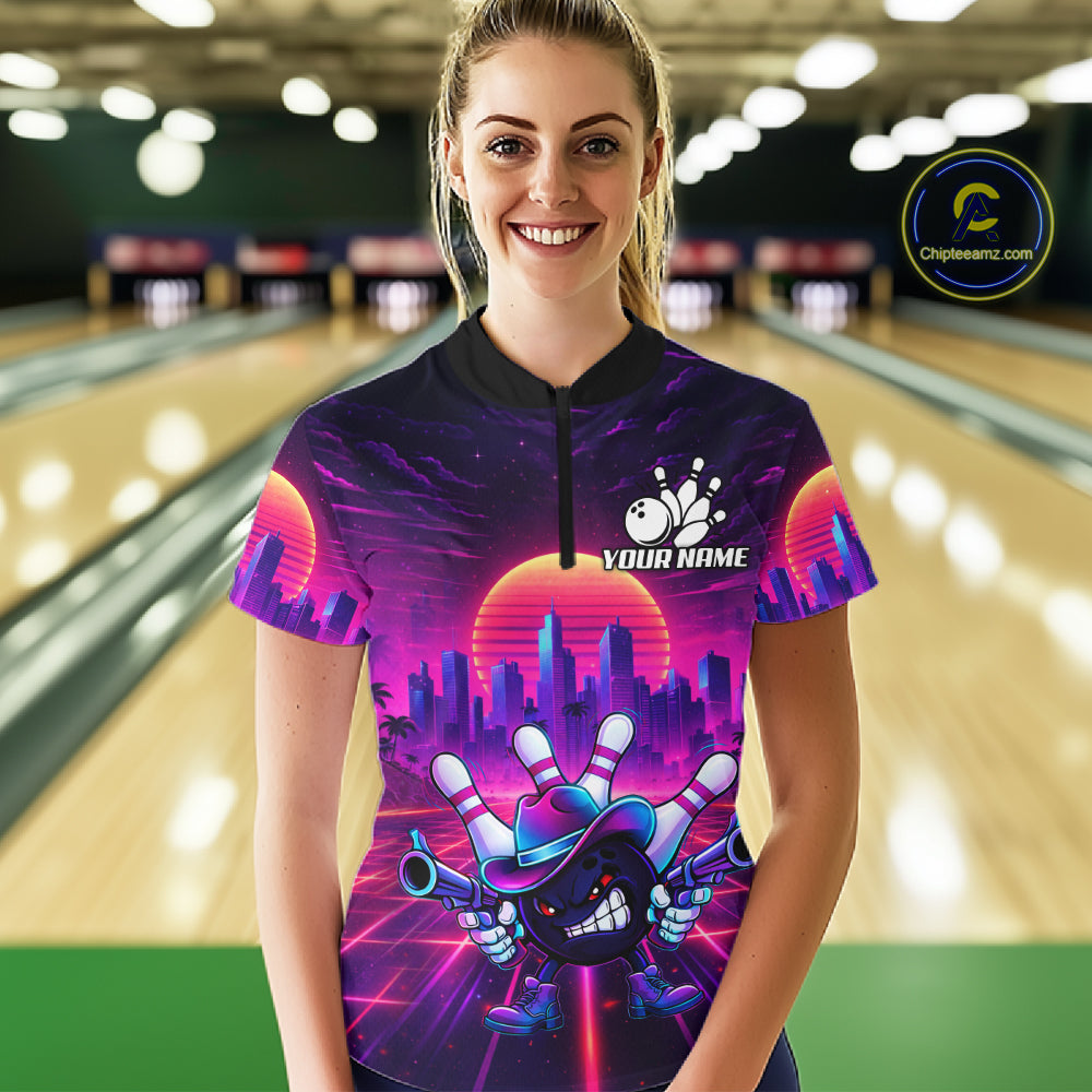 Custom Retro Funny Neon Bowling Shirt For Women, Pink And Purple Bowling Team Jersey Polo & 1/4 Zip TDM6220