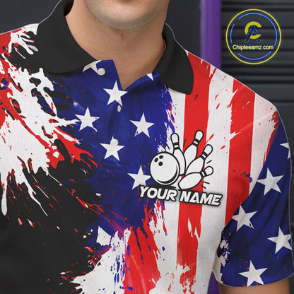 Custom Grunge American Flag Bowling Shirt For Men, Patriotic Bowling Jersey Team Polo & 1/4 Zip TDM6227