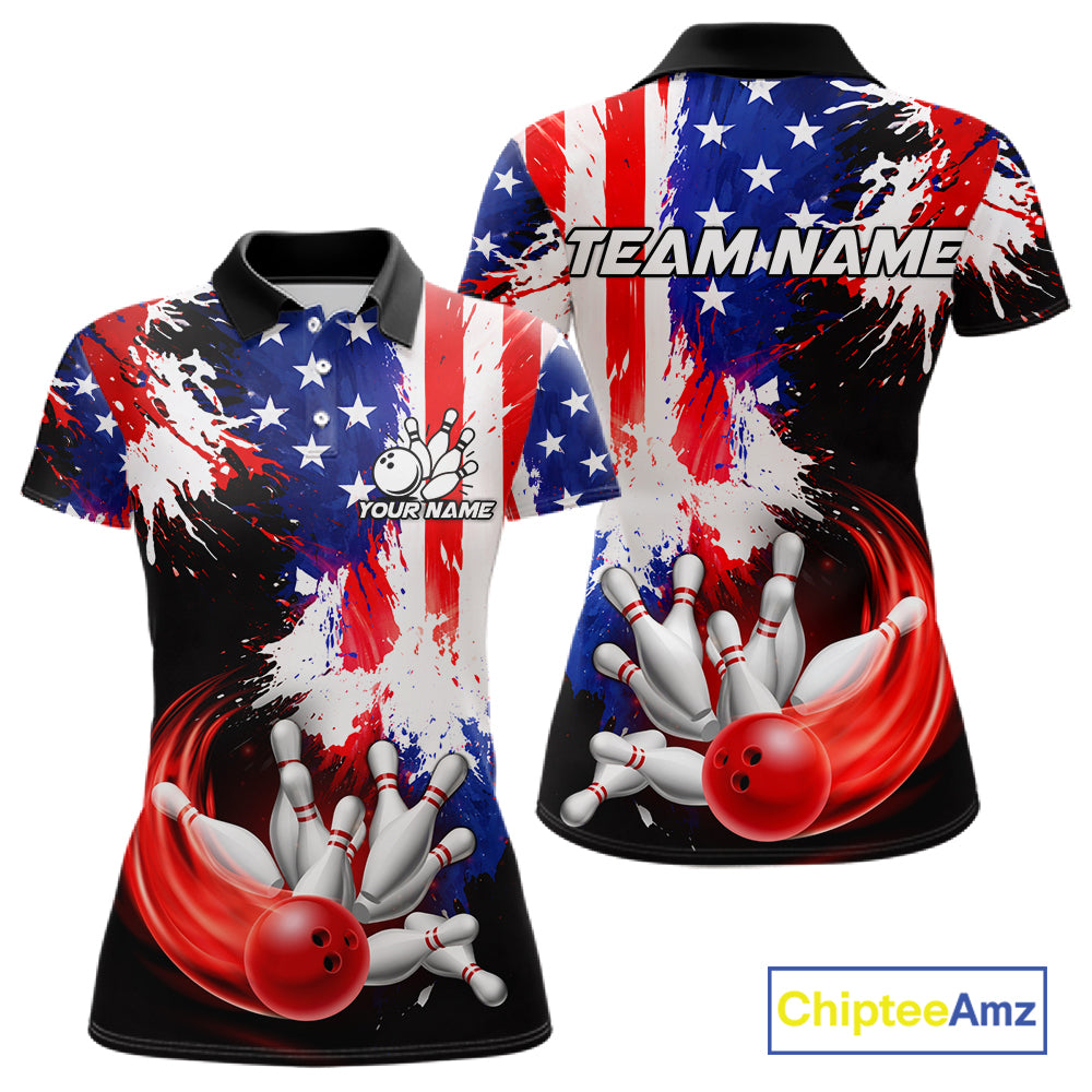 Custom Grunge American Flag Bowling Shirt For Women, Patriotic Bowling Jersey Team Polo & 1/4 Zip TDM6227