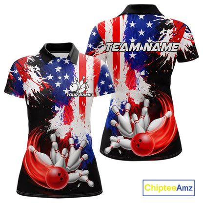 Custom Grunge American Flag Bowling Shirt For Women, Patriotic Bowling Jersey Team Polo & 1/4 Zip TDM6227
