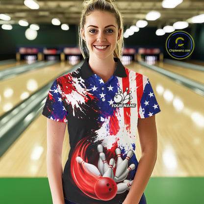 Custom Grunge American Flag Bowling Shirt For Women, Patriotic Bowling Jersey Team Polo & 1/4 Zip TDM6227