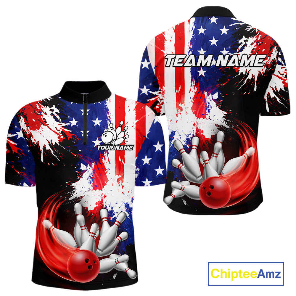 Custom Grunge American Flag Bowling Shirt For Men, Patriotic Bowling Jersey Team Polo & 1/4 Zip TDM6227