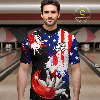 Custom Grunge American Flag Bowling Shirt For Men, Patriotic Bowling Jersey Team Polo & 1/4 Zip TDM6227