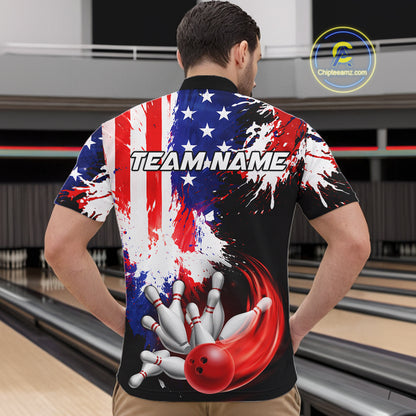 Custom Grunge American Flag Bowling Shirt For Men, Patriotic Bowling Jersey Team Polo & 1/4 Zip TDM6227
