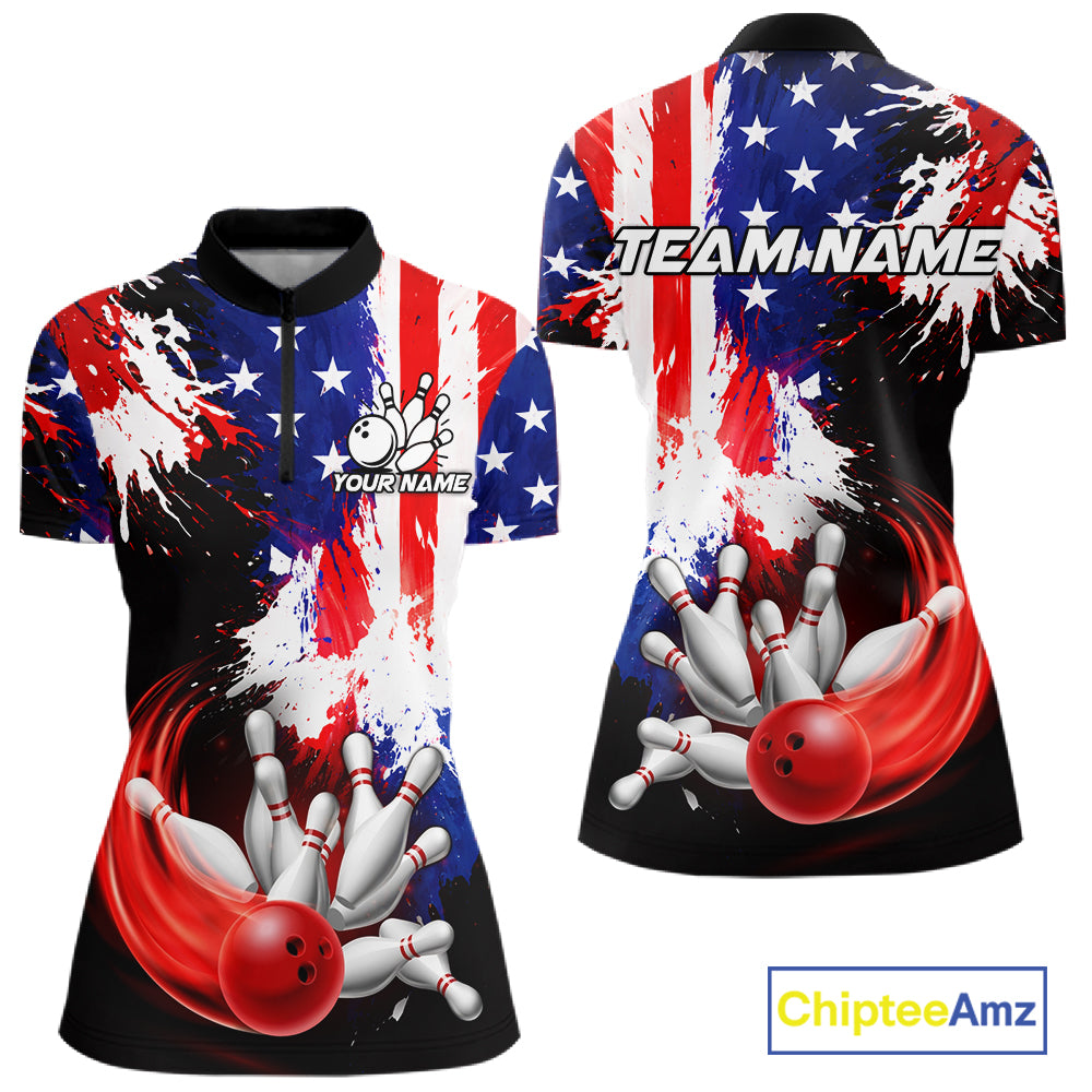 Custom Grunge American Flag Bowling Shirt For Women, Patriotic Bowling Jersey Team Polo & 1/4 Zip TDM6227