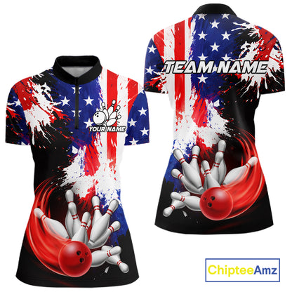 Custom Grunge American Flag Bowling Shirt For Women, Patriotic Bowling Jersey Team Polo & 1/4 Zip TDM6227