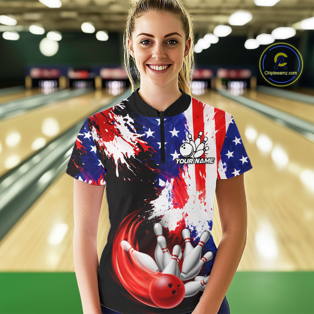 Custom Grunge American Flag Bowling Shirt For Women, Patriotic Bowling Jersey Team Polo & 1/4 Zip TDM6227