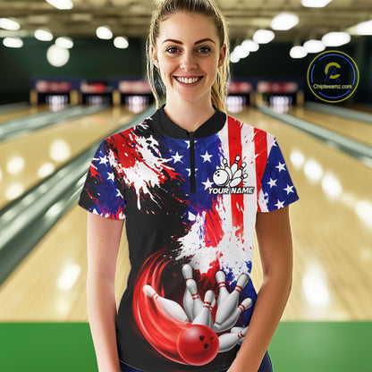 Custom Grunge American Flag Bowling Shirt For Women, Patriotic Bowling Jersey Team Polo & 1/4 Zip TDM6227