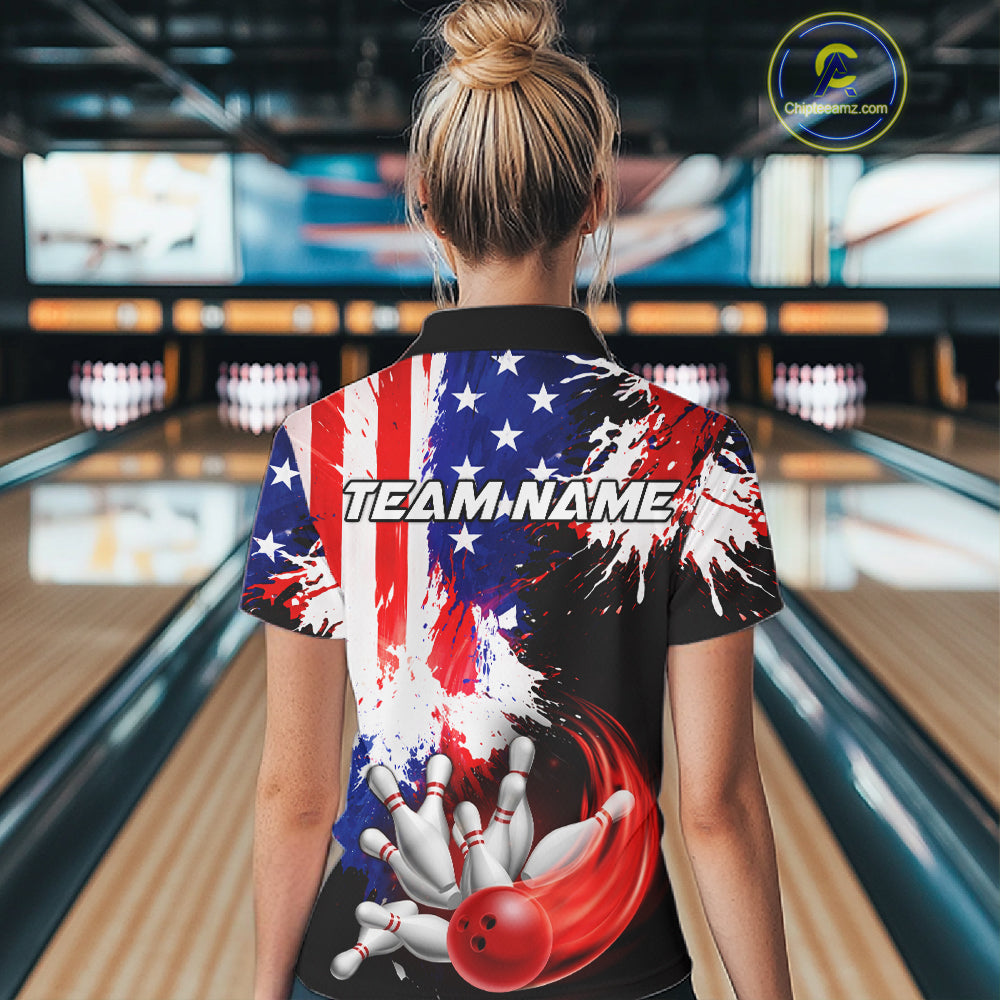 Custom Grunge American Flag Bowling Shirt For Women, Patriotic Bowling Jersey Team Polo & 1/4 Zip TDM6227