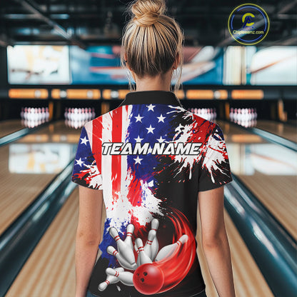 Custom Grunge American Flag Bowling Shirt For Women, Patriotic Bowling Jersey Team Polo & 1/4 Zip TDM6227