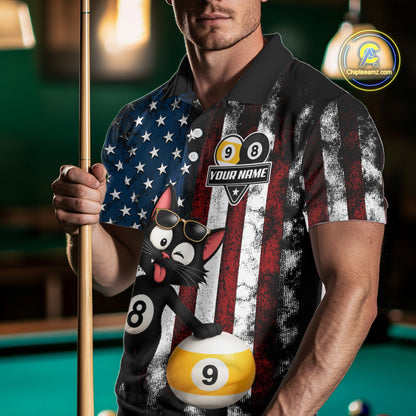 Man wearing a funny cat 8 ball billiard jersey beside a pool table front view.
