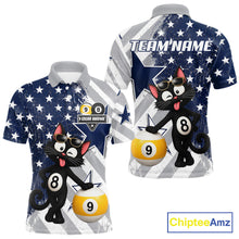 Load image into Gallery viewer, Men’s funny cat 8 ball and 9 ball pool polo shirt with patriotic US flag billiard graphics.