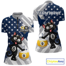 Load image into Gallery viewer, Women’s funny cat billiard quarter zip shirt with 8 ball and 9 ball artwork for league play.