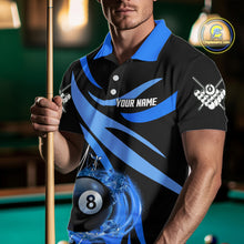 Load image into Gallery viewer, Man wearing a blue flame 8 ball billiard jersey beside a pool table front view.