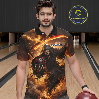 Orange Grim Reaper Fire Smoke Bowling Jersey For Men Custom Bowling Team Shirt Polo & 1/4 Zip TDM6233