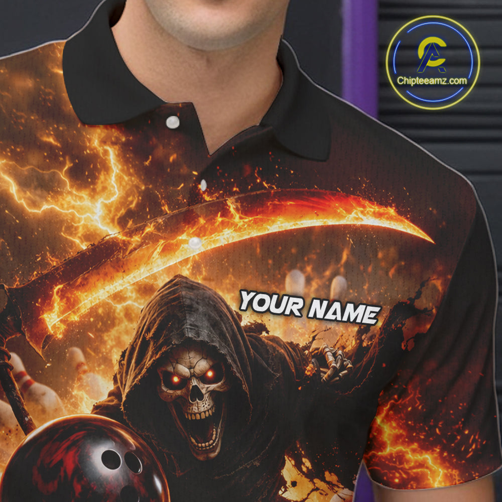 Orange Grim Reaper Fire Smoke Bowling Jersey For Men Custom Bowling Team Shirt Polo & 1/4 Zip TDM6233