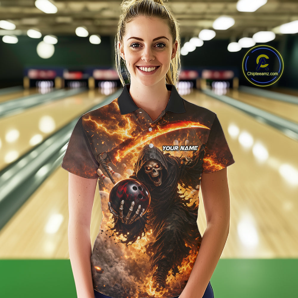 Orange Grim Reaper Fire Smoke Bowling Jersey For Women Custom Bowling Team Shirt Polo & 1/4 Zip TDM6233