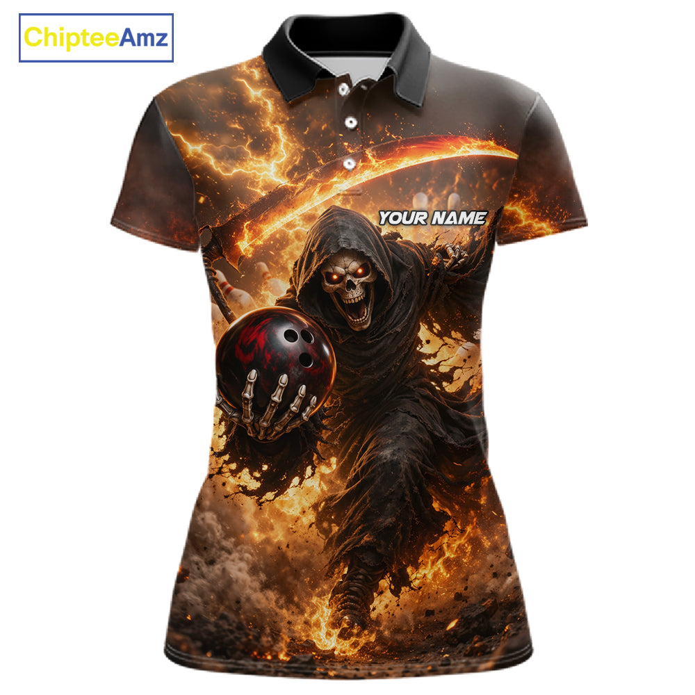 Orange Grim Reaper Fire Smoke Bowling Jersey For Women Custom Bowling Team Shirt Polo & 1/4 Zip TDM6233