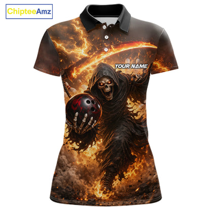 Orange Grim Reaper Fire Smoke Bowling Jersey For Women Custom Bowling Team Shirt Polo & 1/4 Zip TDM6233