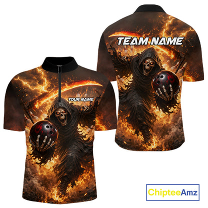 Orange Grim Reaper Fire Smoke Bowling Jersey For Men Custom Bowling Team Shirt Polo & 1/4 Zip TDM6233