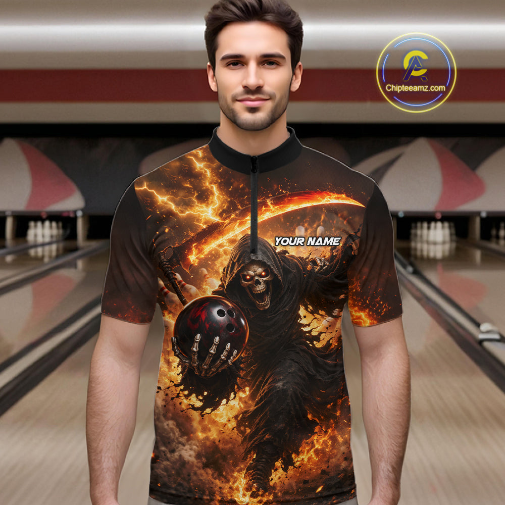 Orange Grim Reaper Fire Smoke Bowling Jersey For Men Custom Bowling Team Shirt Polo & 1/4 Zip TDM6233