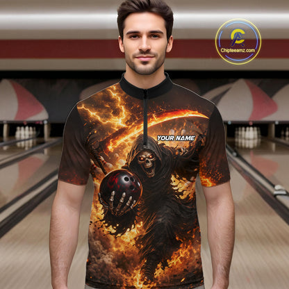 Orange Grim Reaper Fire Smoke Bowling Jersey For Men Custom Bowling Team Shirt Polo & 1/4 Zip TDM6233