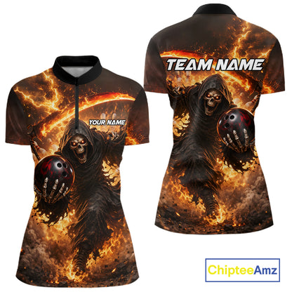 Orange Grim Reaper Fire Smoke Bowling Jersey For Women Custom Bowling Team Shirt Polo & 1/4 Zip TDM6233