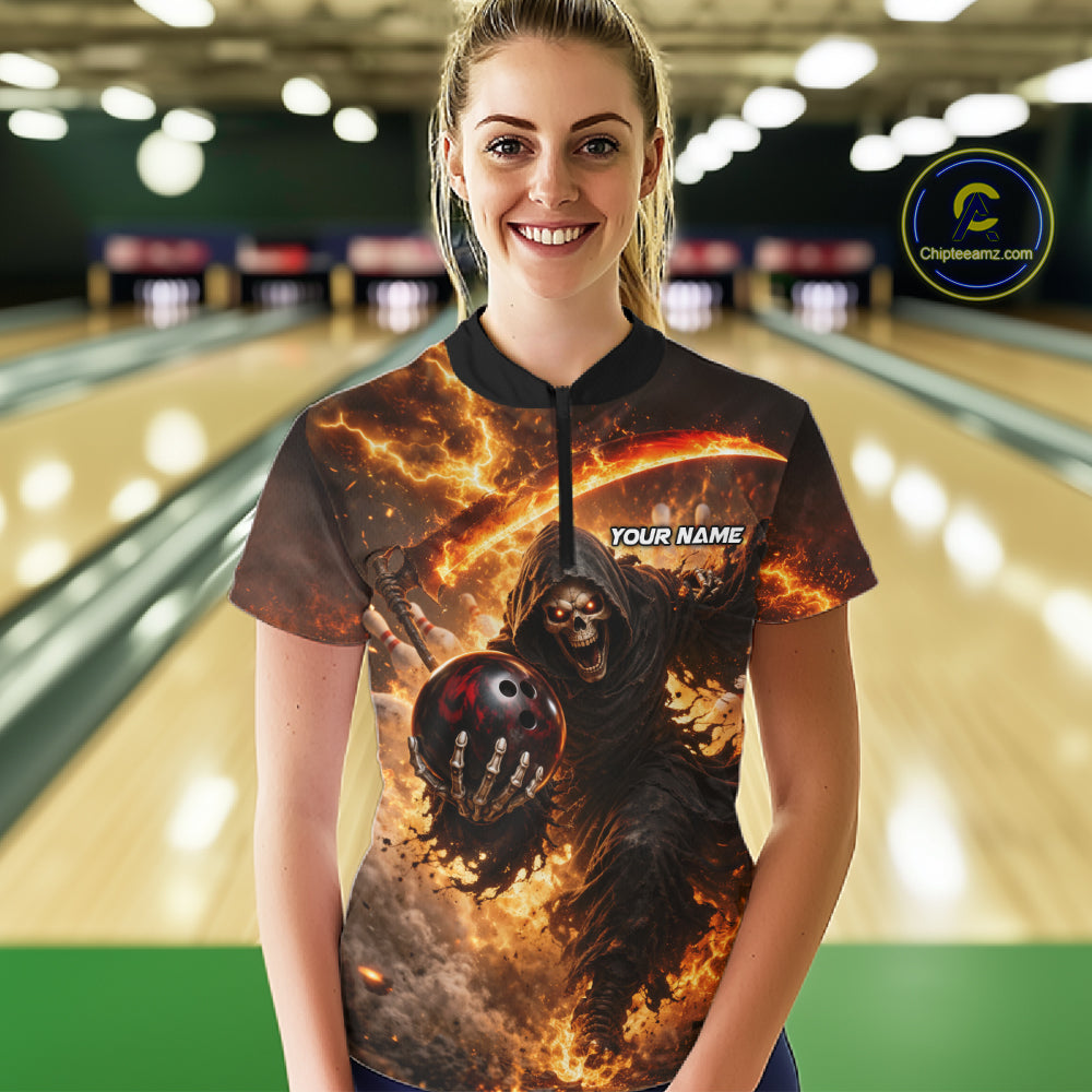Orange Grim Reaper Fire Smoke Bowling Jersey For Women Custom Bowling Team Shirt Polo & 1/4 Zip TDM6233
