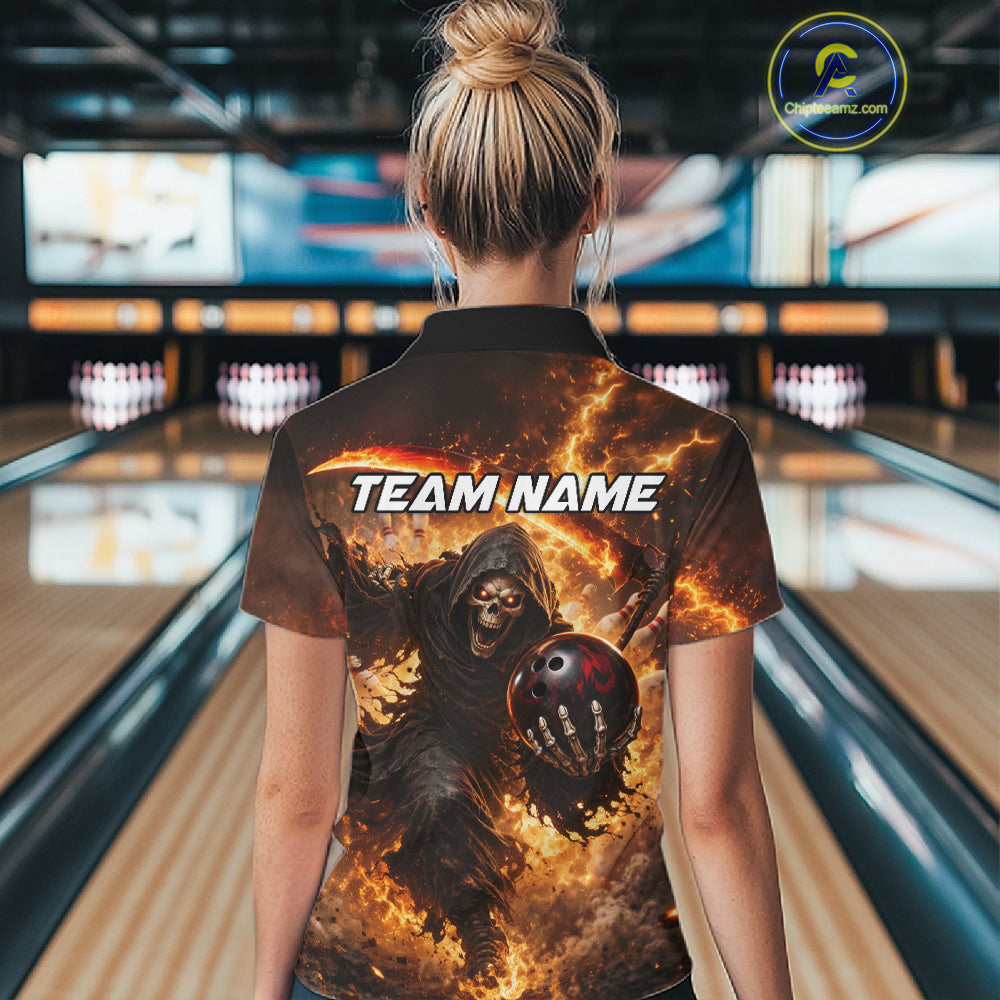 Orange Grim Reaper Fire Smoke Bowling Jersey For Women Custom Bowling Team Shirt Polo & 1/4 Zip TDM6233