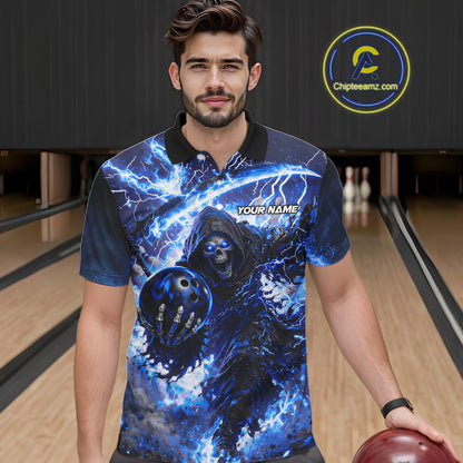 Blue Grim Reaper Fire Smoke Bowling Jersey For Men Custom Bowling Team Shirt Polo & 1/4 Zip TDM6234