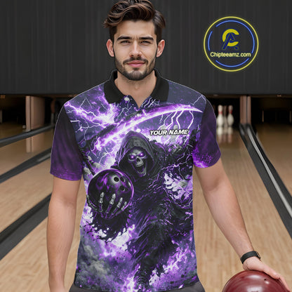 Purple Grim Reaper Fire Smoke Bowling Jersey For Men Custom Bowling Team Shirt Polo & 1/4 Zip TDM6235