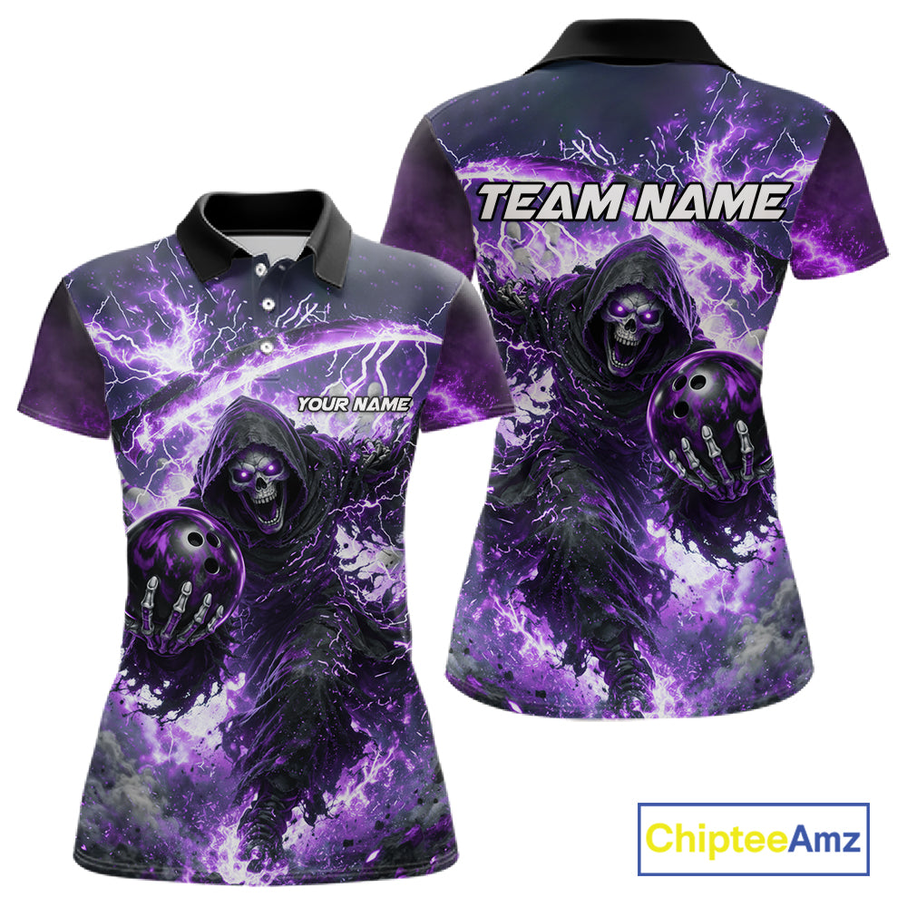 Purple Grim Reaper Fire Smoke Bowling Jersey For Women Custom Bowling Team Shirt Polo & 1/4 Zip TDM6235