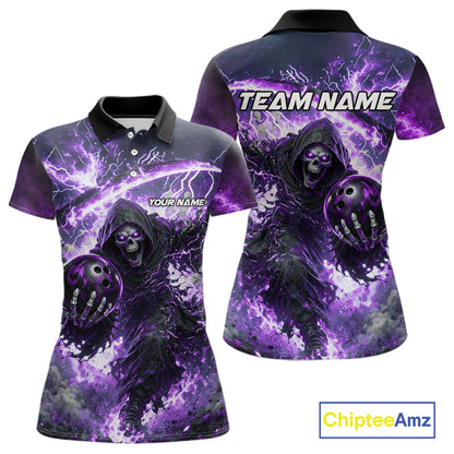 Purple Grim Reaper Fire Smoke Bowling Jersey For Women Custom Bowling Team Shirt Polo & 1/4 Zip TDM6235