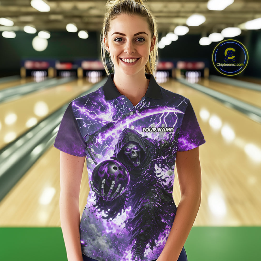 Purple Grim Reaper Fire Smoke Bowling Jersey For Women Custom Bowling Team Shirt Polo & 1/4 Zip TDM6235