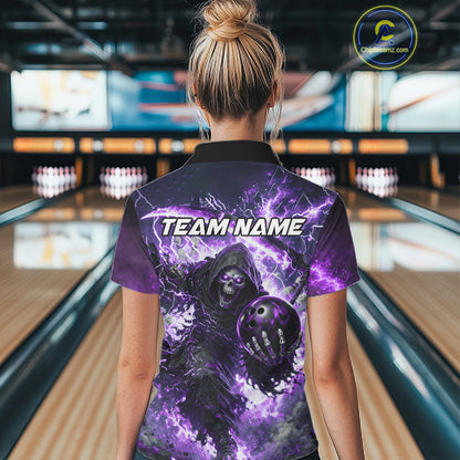 Purple Grim Reaper Fire Smoke Bowling Jersey For Women Custom Bowling Team Shirt Polo & 1/4 Zip TDM6235