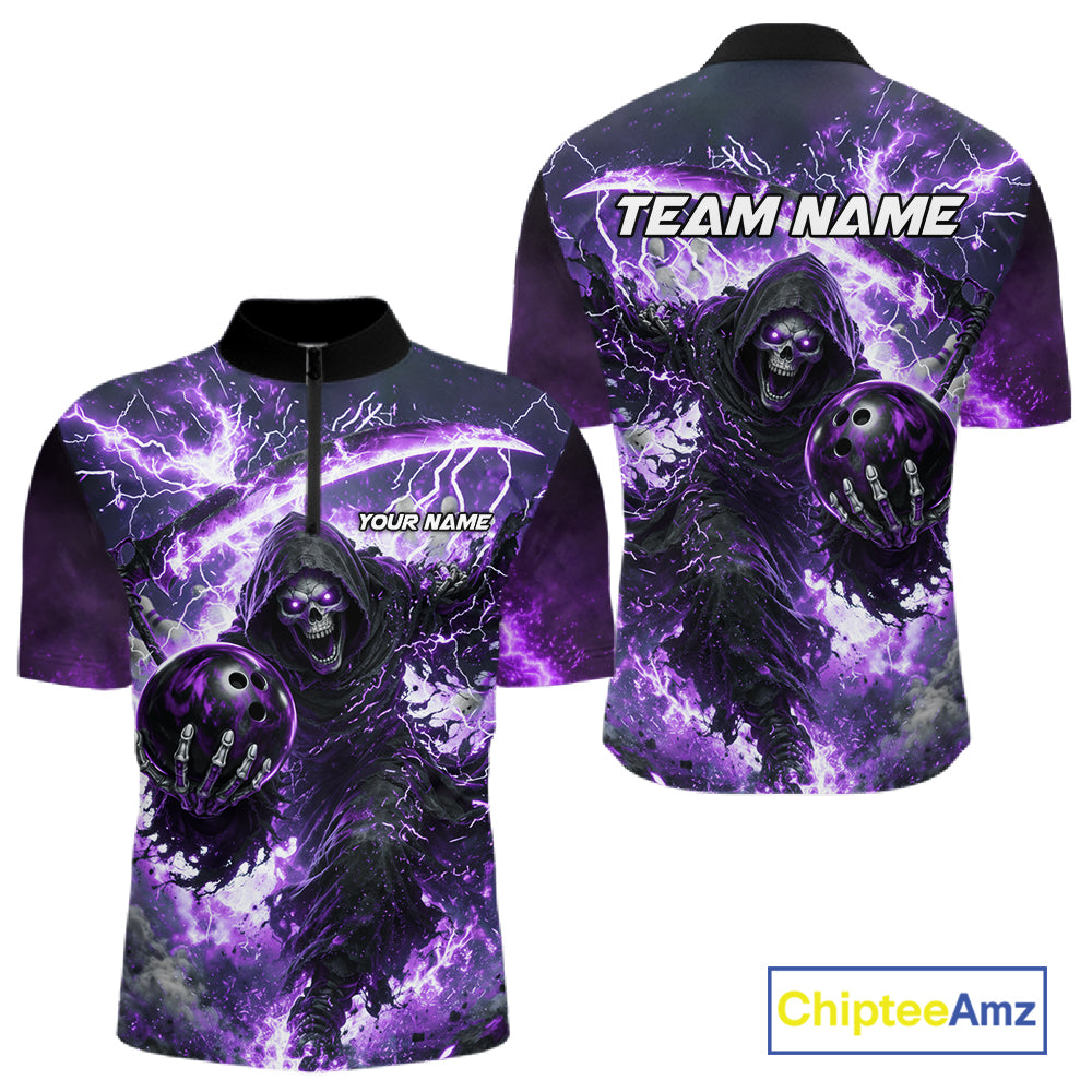 Purple Grim Reaper Fire Smoke Bowling Jersey For Men Custom Bowling Team Shirt Polo & 1/4 Zip TDM6235