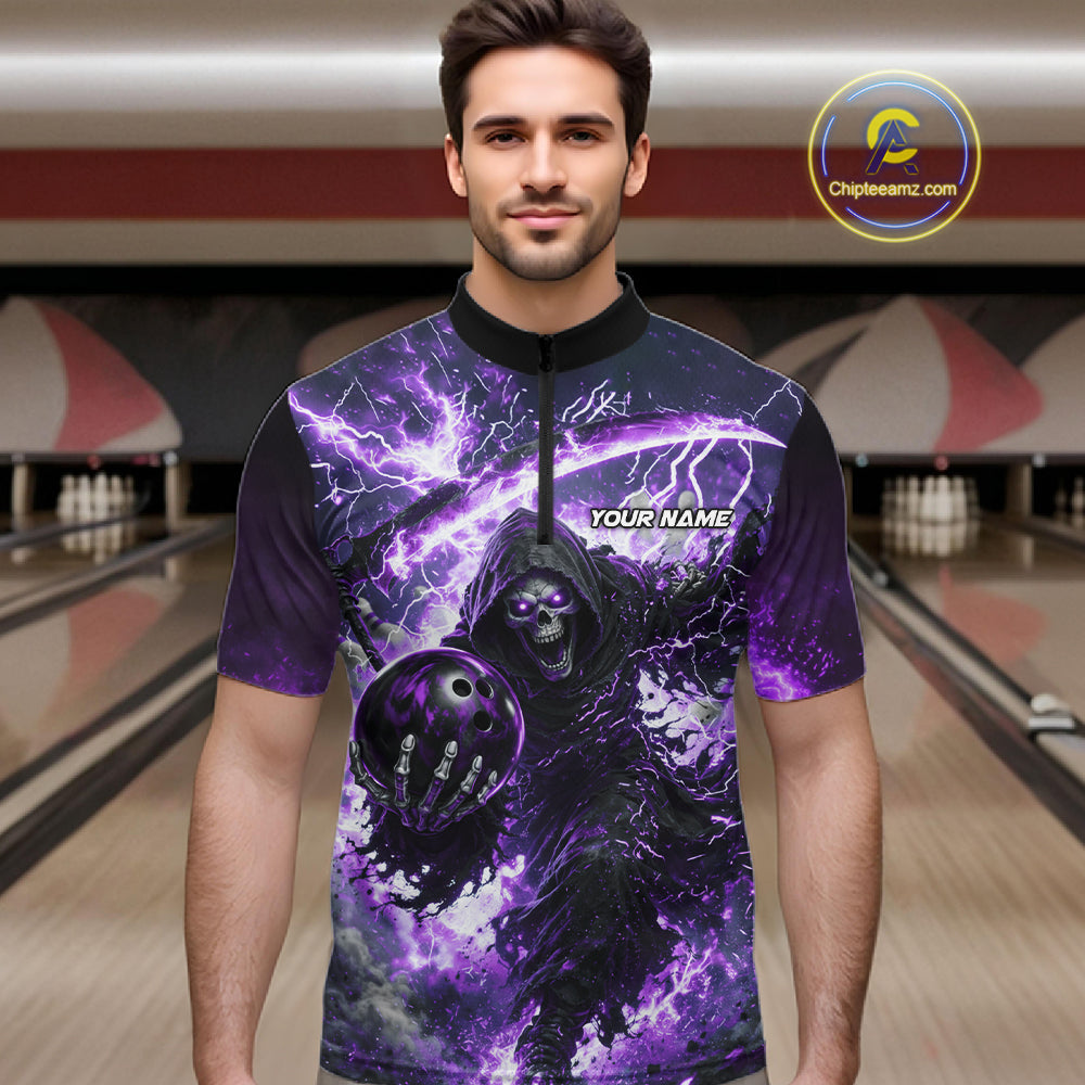 Purple Grim Reaper Fire Smoke Bowling Jersey For Men Custom Bowling Team Shirt Polo & 1/4 Zip TDM6235