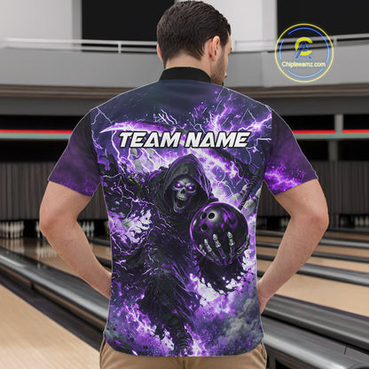Purple Grim Reaper Fire Smoke Bowling Jersey For Men Custom Bowling Team Shirt Polo & 1/4 Zip TDM6235