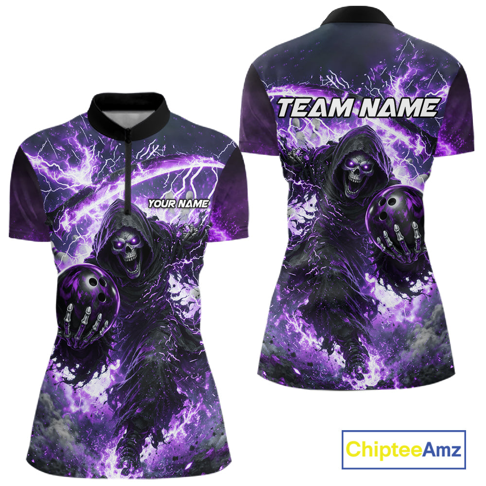 Purple Grim Reaper Fire Smoke Bowling Jersey For Women Custom Bowling Team Shirt Polo & 1/4 Zip TDM6235