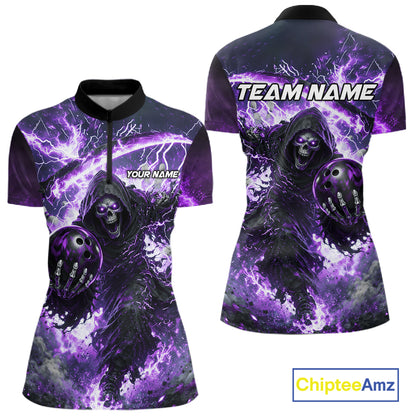 Purple Grim Reaper Fire Smoke Bowling Jersey For Women Custom Bowling Team Shirt Polo & 1/4 Zip TDM6235