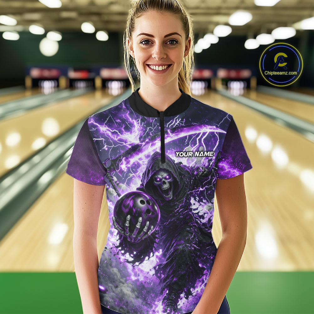 Purple Grim Reaper Fire Smoke Bowling Jersey For Women Custom Bowling Team Shirt Polo & 1/4 Zip TDM6235