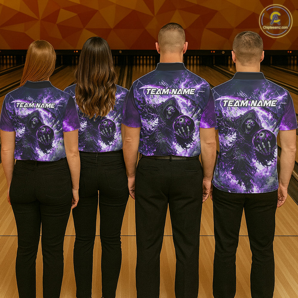 Purple Grim Reaper Fire Smoke Bowling Jersey For Men Custom Bowling Team Shirt Polo & 1/4 Zip TDM6235