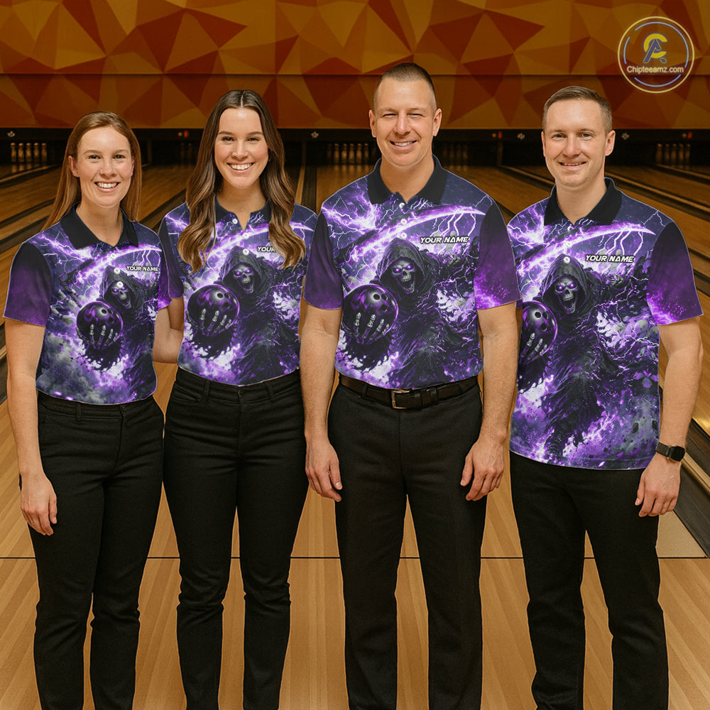 Purple Grim Reaper Fire Smoke Bowling Jersey For Men Custom Bowling Team Shirt Polo & 1/4 Zip TDM6235