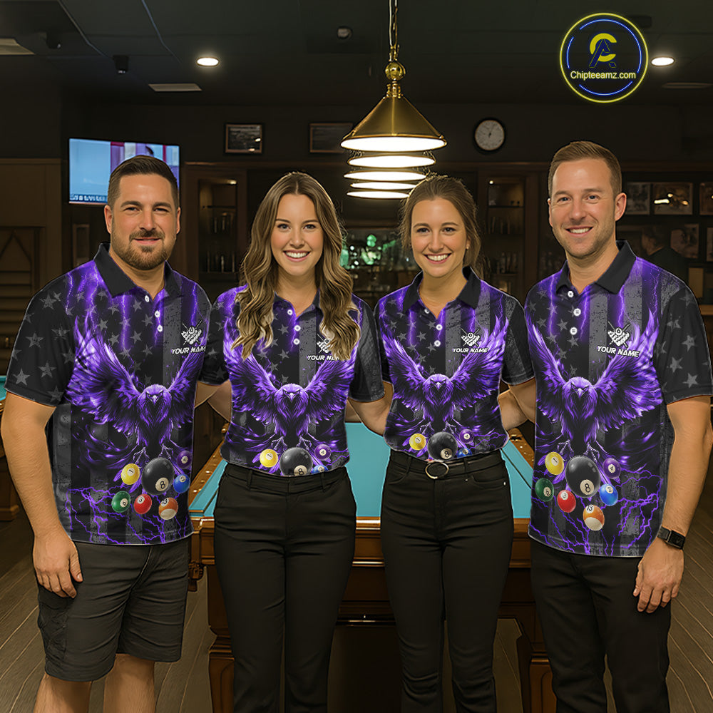 Pool team wearing matching purple lightning eagle billiard jerseys during league play front view.